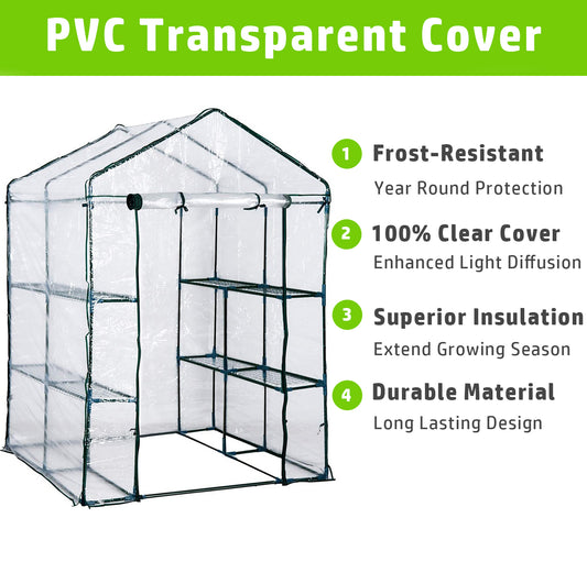 Litgrow 143 x 143 x 195 cm Walk in Garden PVC Greenhouse with Metal Frame Shelves - (PVC Transparent Cover+ Metal Frame)