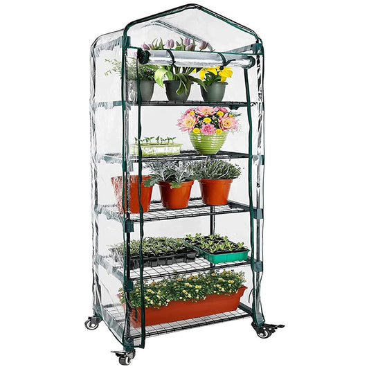 Litgrow Garden Upgraded 5-Tier Mini Greenhouse with Castors Wheels - Portable Small Gardening Green House with PVC Cover - Heavy Duty Swivel Castors with Brakes - 76''H x 27''L x 19''W Indoor & Outdoor
