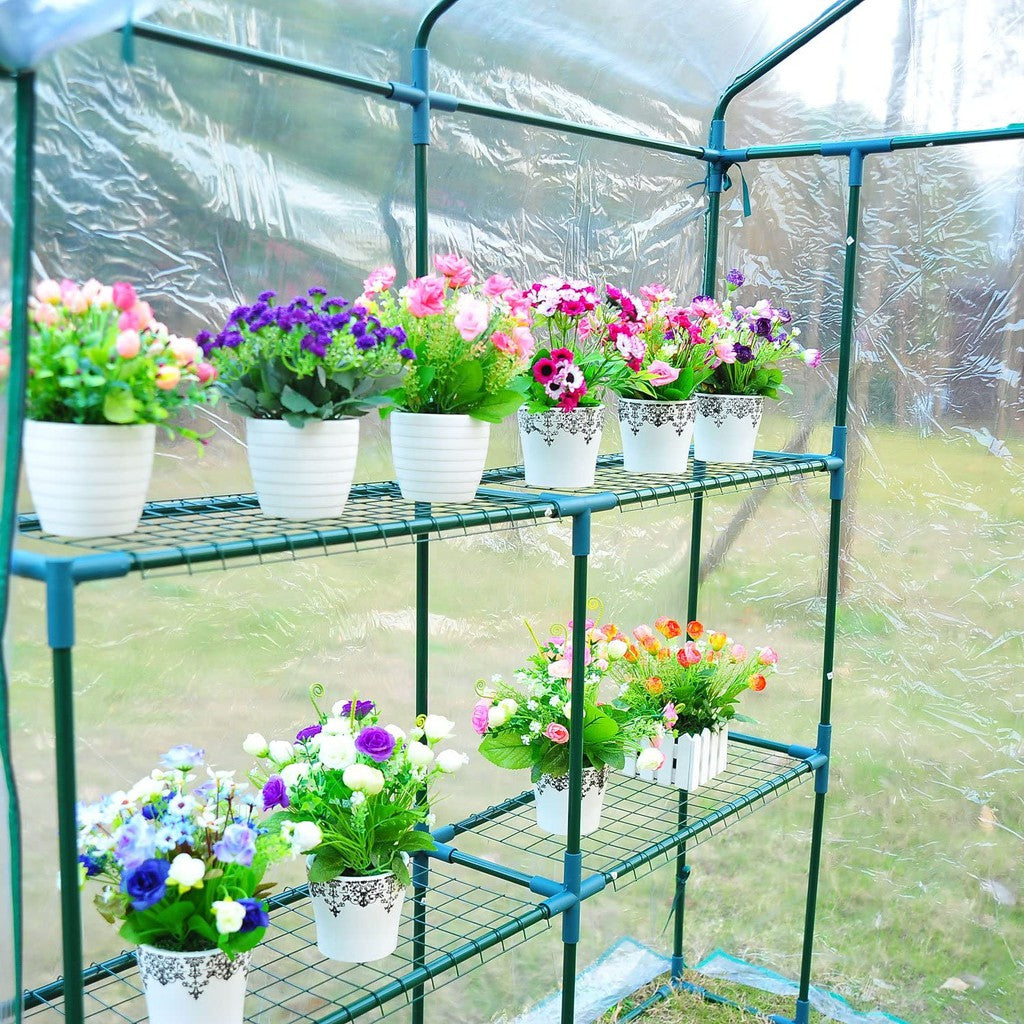 Litgrow 143 x 143 x 195 cm Walk in Garden PVC Greenhouse with Metal Frame Shelves - (PVC Transparent Cover+ Metal Frame)